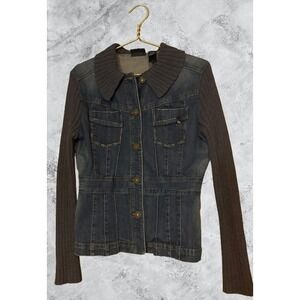 DKNY Jeans Womens Denim Jacket Mixed Media Knit Sleeves Collar Blue Large